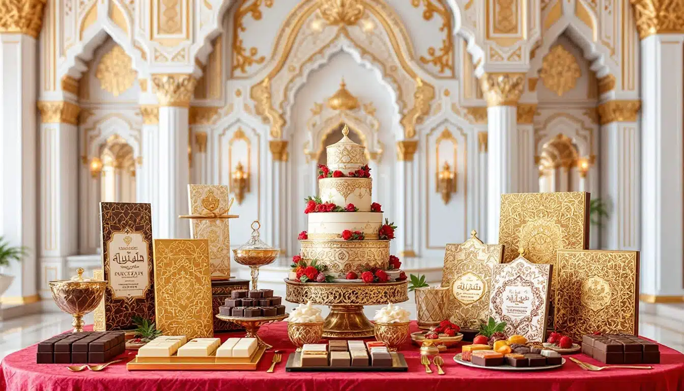 Luxurious dessert table with ornate backdrop.