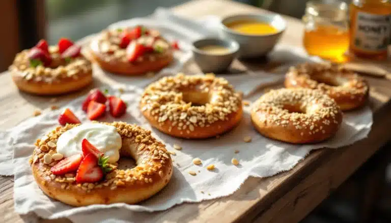 Bagels topped with strawberries, nuts, yogurt on table.
